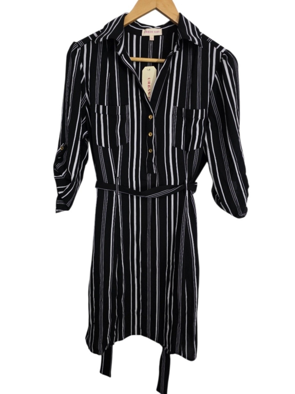 Urban Girl Black and White Stripe Shirt Dress with Tie Waist